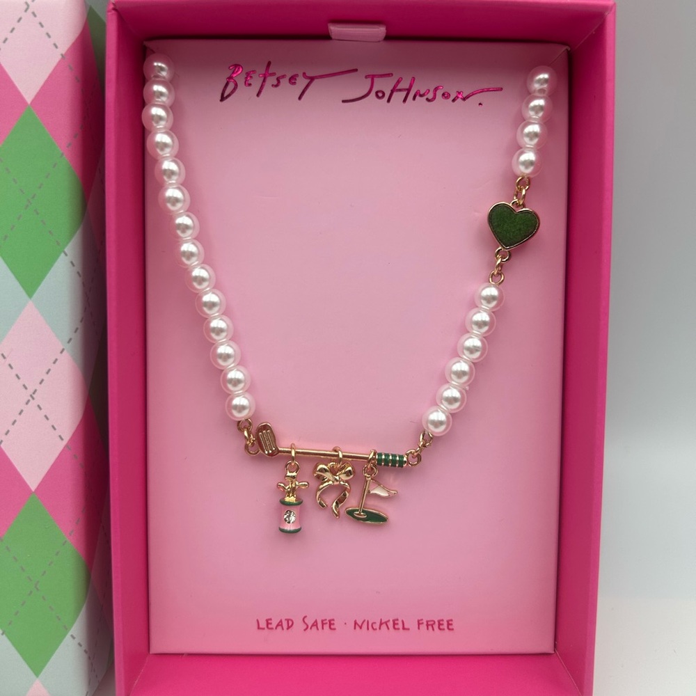 *New* Betsey Johnson Faux Pearl Charm Necklace with Gold-Toned Golf Charms - Picture 4 of 11